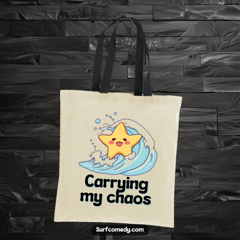 Funny tote bag depicting a starfish character hilariously wiped out on a wave, perfect for carrying beach essentials.