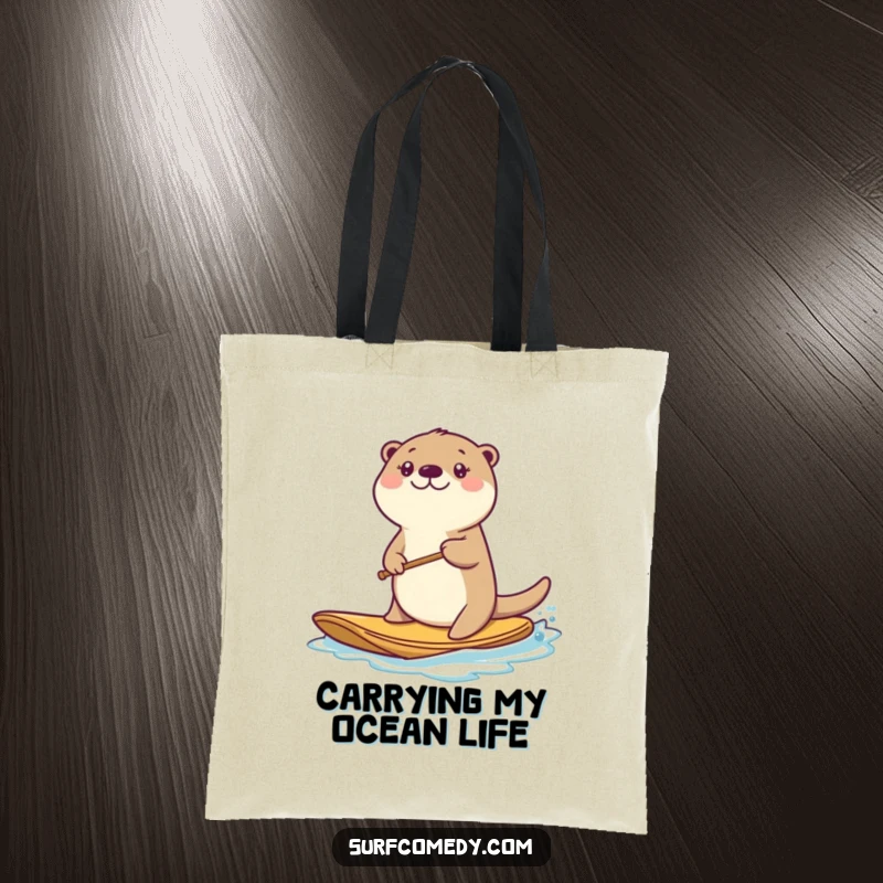 Funny kawaii sea otter character holding a board and paddling with energetic strokes across the water surface.