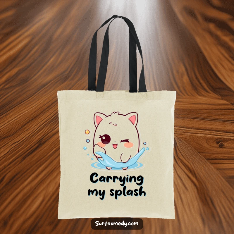 Funny tote bag featuring a playful character with a mischievous wink, splashing water, great for carrying essentials with a smile.
