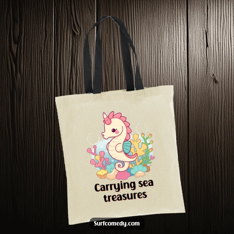 Funny tote bag illustrating a happy seahorse gracefully swimming through a vibrant coral reef, perfect for daily use.