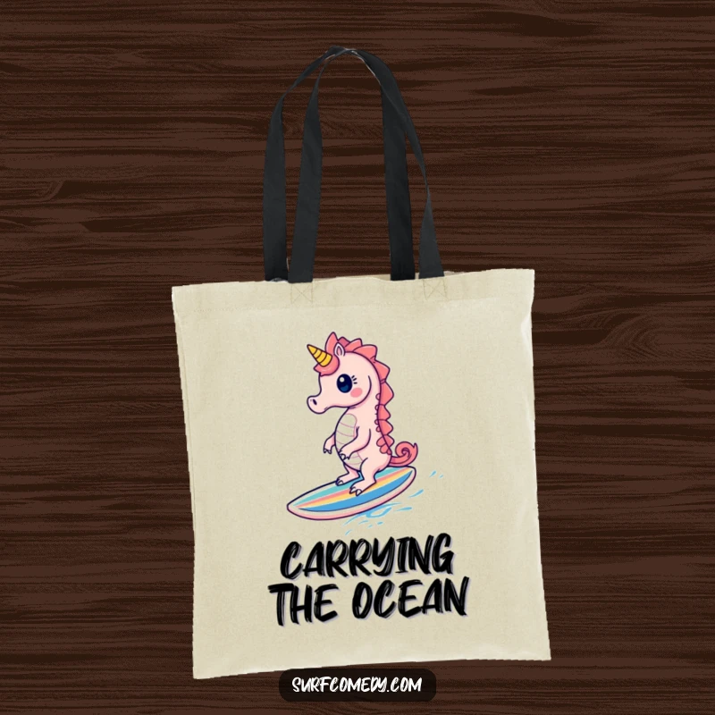 Funny Seahorse Tote Bag: A cute seahorse character joyfully surfs on a tiny surfboard, a humorous and practical accessory.