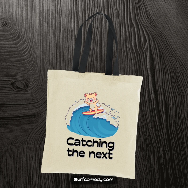 Funny tote bag with a happy animal character surfing a big wave on a surfboard, great for beach days.