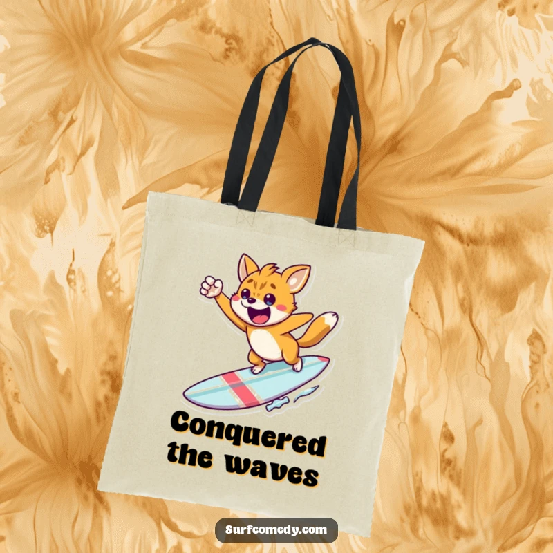 Funny victory wave tote bag, an animal leaping triumphantly from a surfboard, symbolizing success, a bold funny gift.