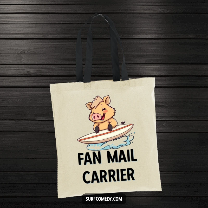 Funny tote bag illustrated with a happy boar signing a surfboard, perfect for carrying fan gear.