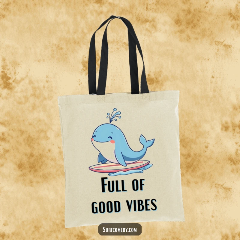 Funny smiling whale character on a surfboard, joyfully spouting water like a fountain, a stylish and humorous tote for beach lovers.