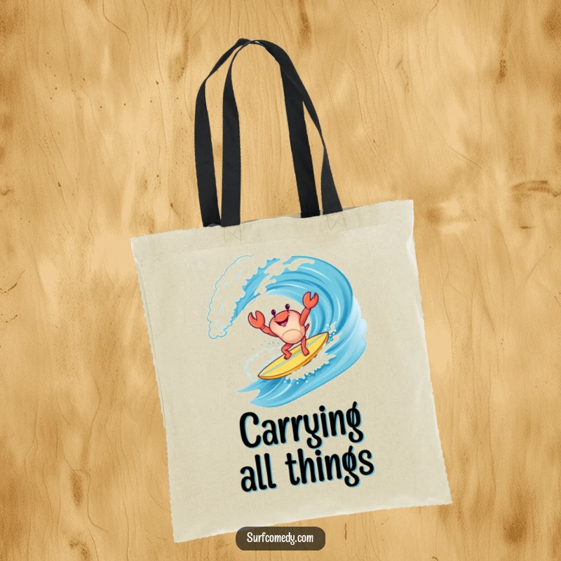Funny happy crab character doing a handstand on a surfboard while riding a wave, a stylish and humorous tote for beach lovers.