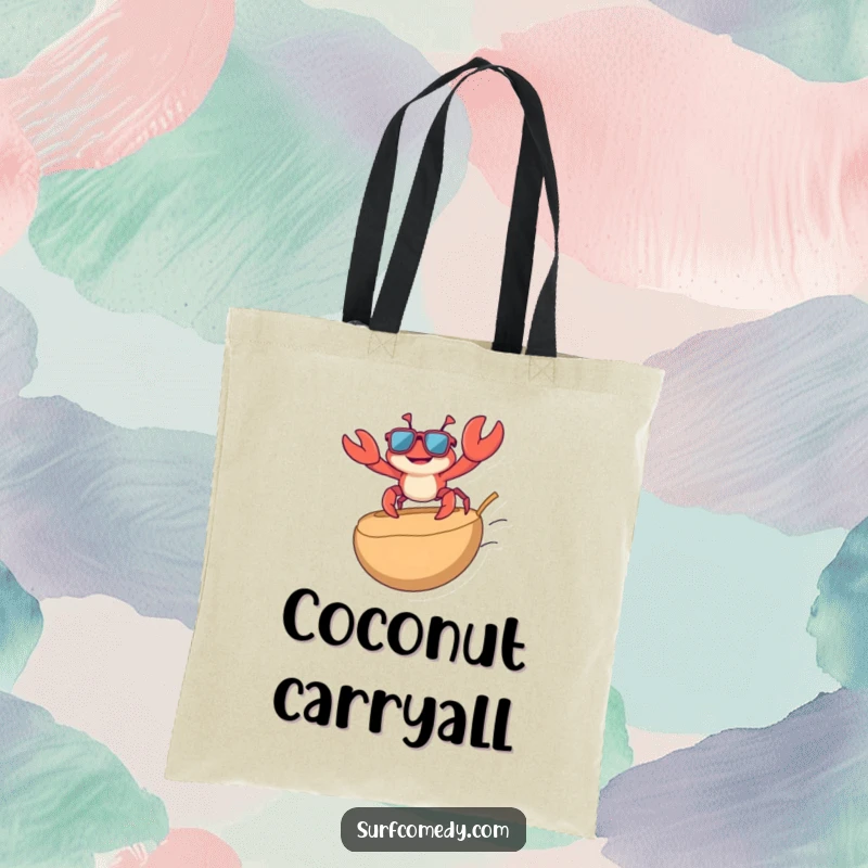 Funny tote bag with a playful crab in sunglasses surfing on a coconut, perfect for beach trips with a splash of humor.