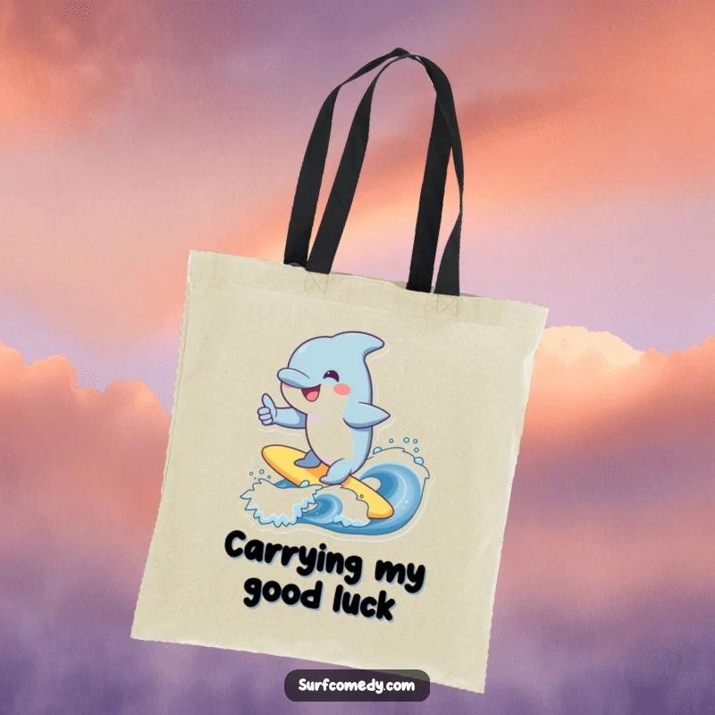 Funny dolphin tote bag, smiling character surfing a wave, giving a thumbs up, cheerful accessory, ideal funny gift.