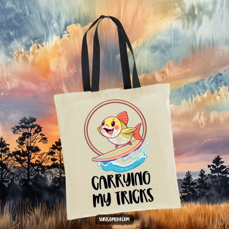 Funny fish jumping through a hoop on a surfboard, a humorous and practical tote bag for daily use. A great funny gift.