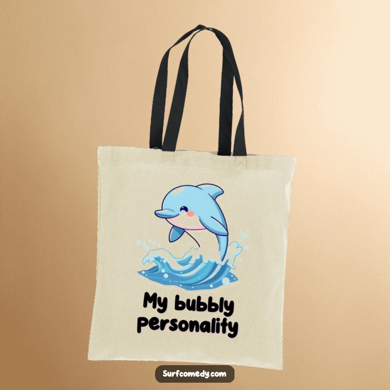 Funny tote bag with a cheerful kawaii dolphin character leaping from a sparkling wave, perfect for carrying items with seaside charm.