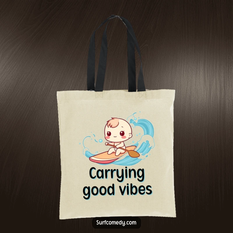 Funny Kawaii character tote bag showing playful paddling through stylized ocean waves, perfect for a funny beach gift.