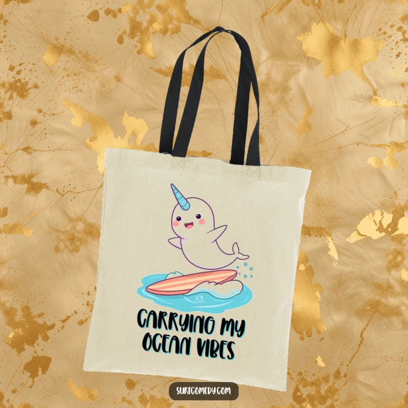 Funny narwhal character riding a surfboard, leaping playfully, a whimsical tote bag for carrying essentials with humor.