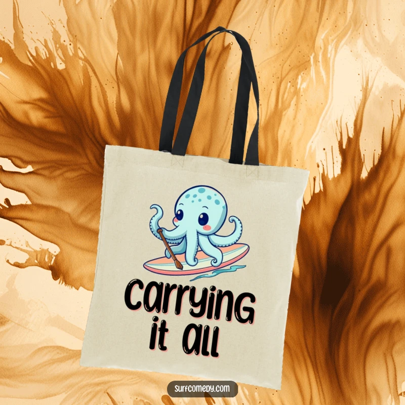 Funny octopus character paddling a surfboard with its many tentacles, a humorous and practical tote bag. A great funny gift.