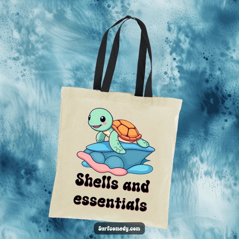 Funny tote bag with a cheerful sea turtle surfing on a colorful shell, perfect for carrying beach gear with a dose of humor.