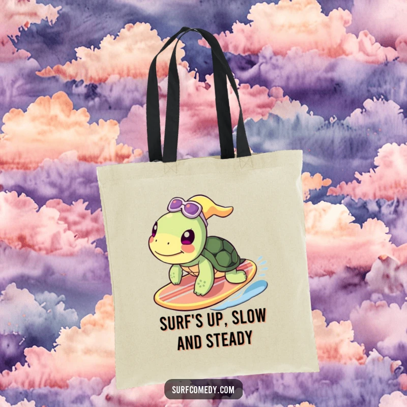 Funny turtle character with a surfboard, ready for adventure, this tote bag brings humor to any outing.