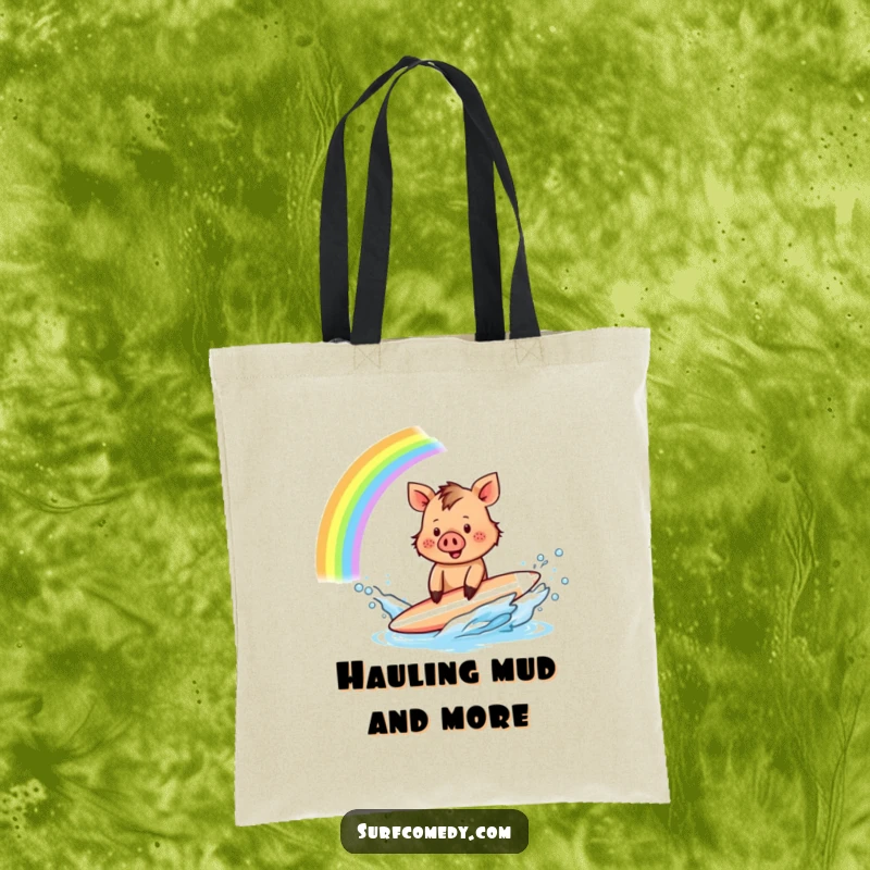 Funny Boar Surfer Tote Bag: A tiny boar creates a rainbow splash with its surfboard, perfect for carrying essentials with magic.