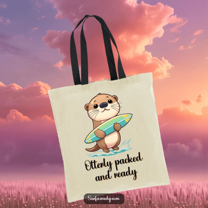 Funny sea otter balancing a surfboard on its nose, depicted on a practical tote bag for stylish carrying.