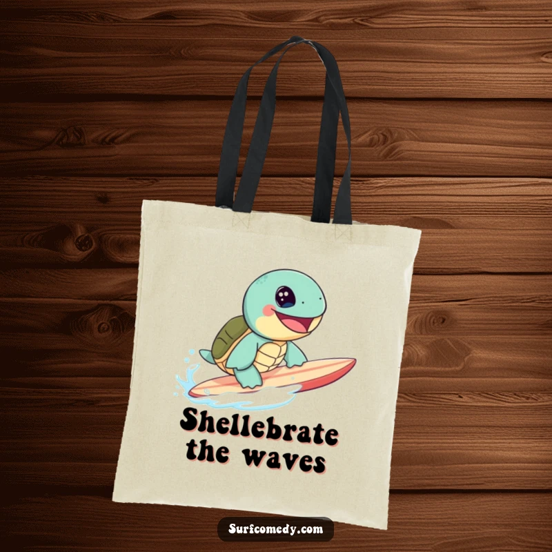 A cute, grinning sea turtle riding a surfboard, printed on a spacious tote bag for beach trips.