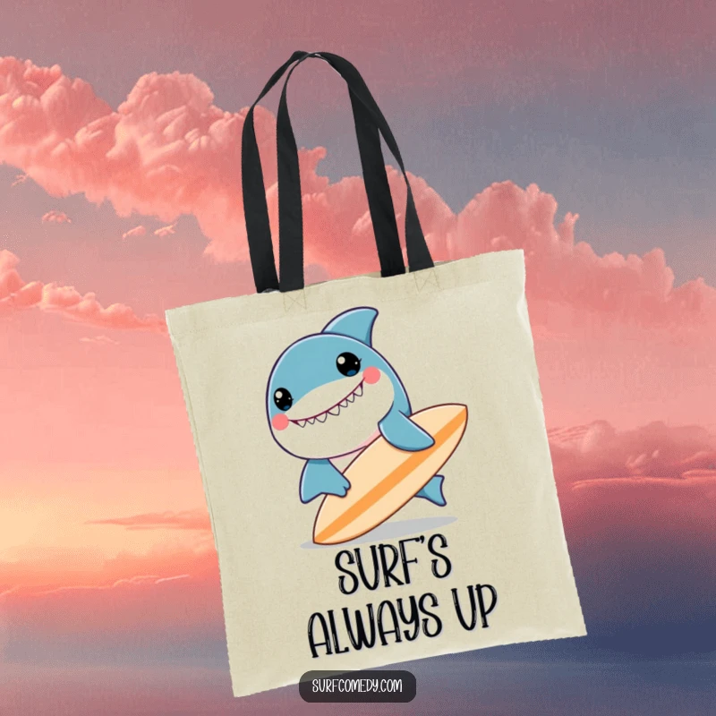 Funny kawaii shark character beaming, playing with a surfboard, durable and stylish funny tote bag.